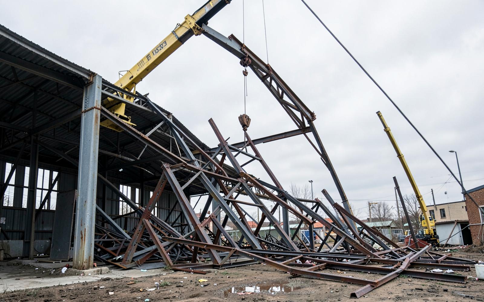 Industrial Demolition in Bangalore — Crane lifting a steel roof truss during the controlled dismantling of an industrial shed