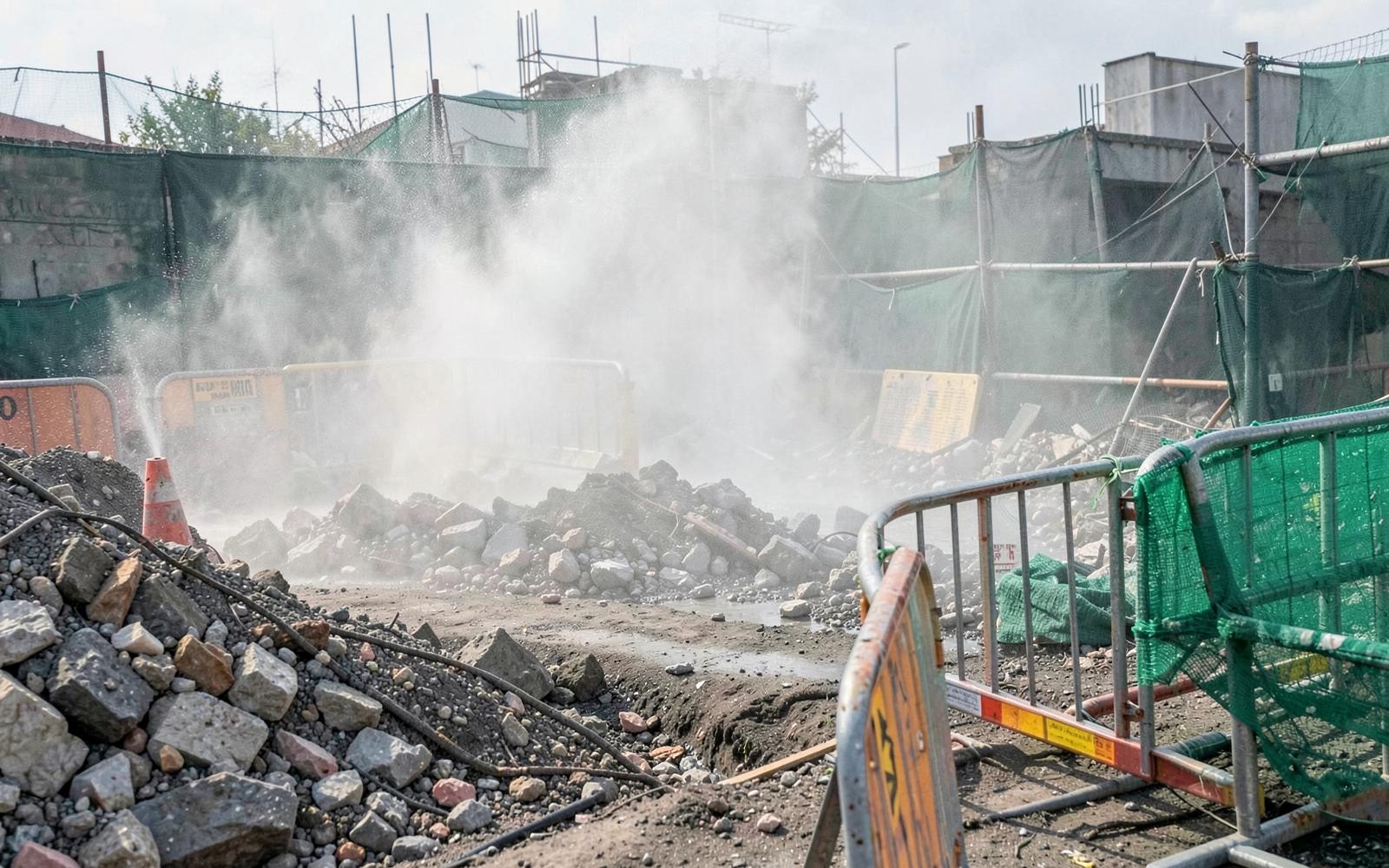 Water spray dust suppression over demolition rubble behind safety barricades and screen netting