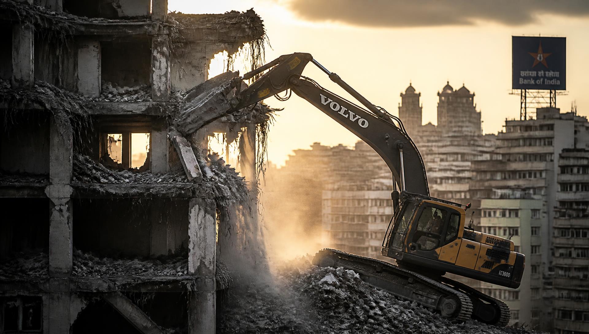 Excavator with demolition attachment bringing down a multi-storey concrete building at a controlled demolition site