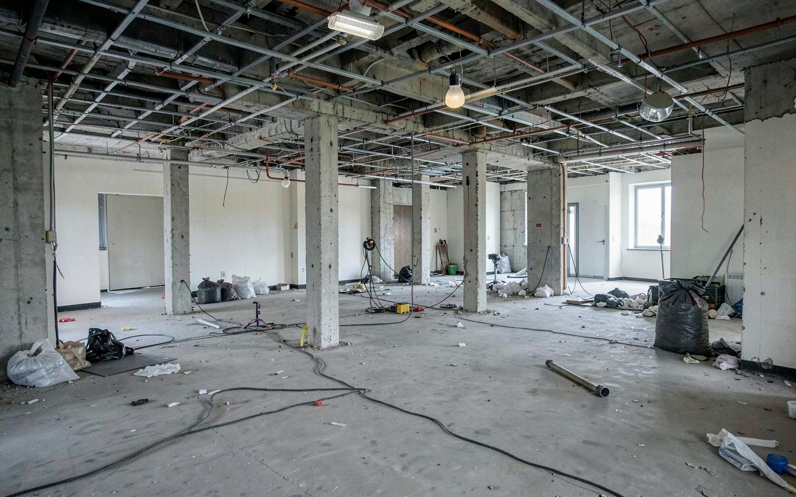 Interior Demolition in Bangalore — Interior strip-out inside an empty office floor with ceiling grid removed and exposed concrete columns