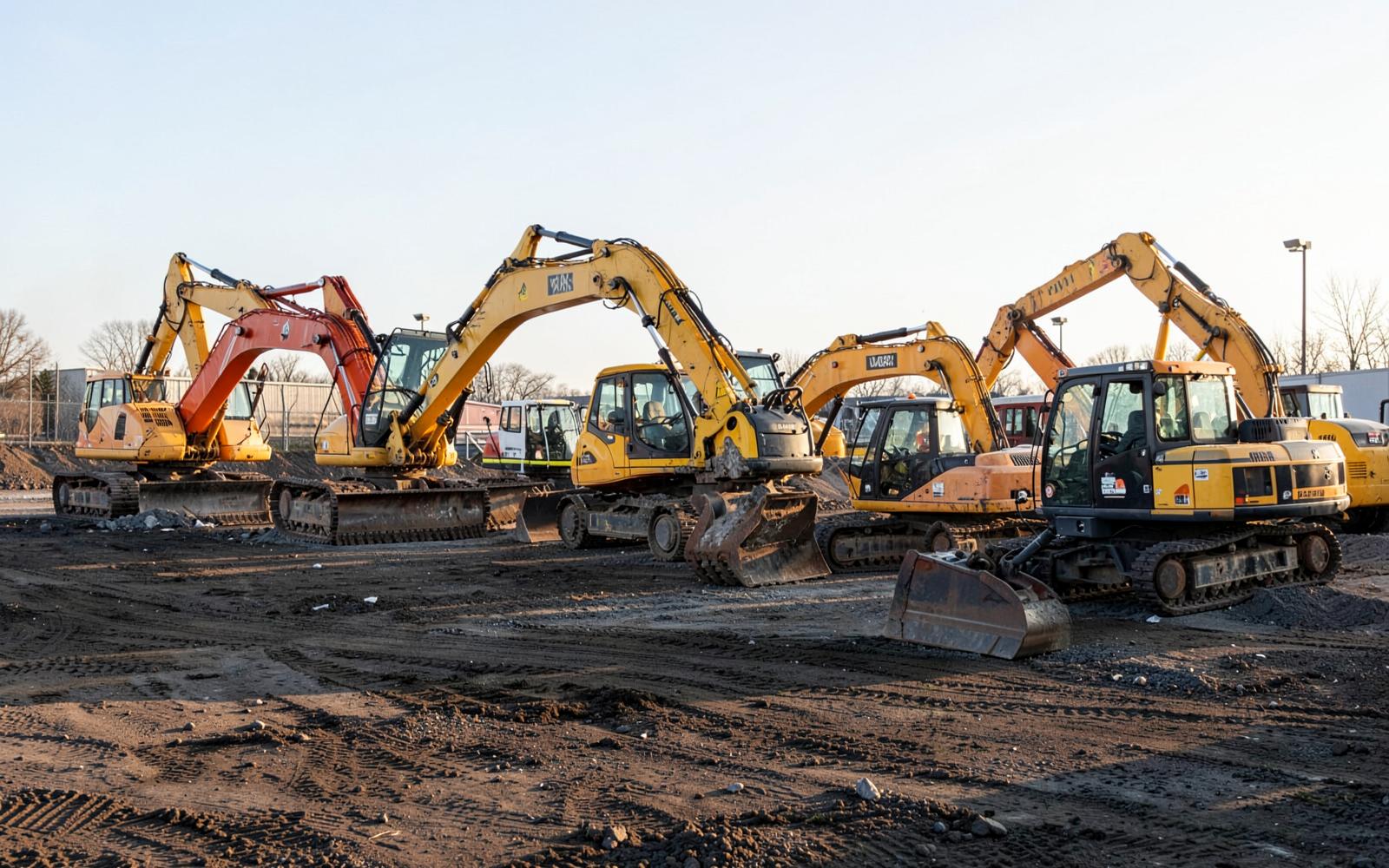 Building Dismantling in Bangalore — Row of demolition excavators with breaker and pulveriser attachments parked at a site yard