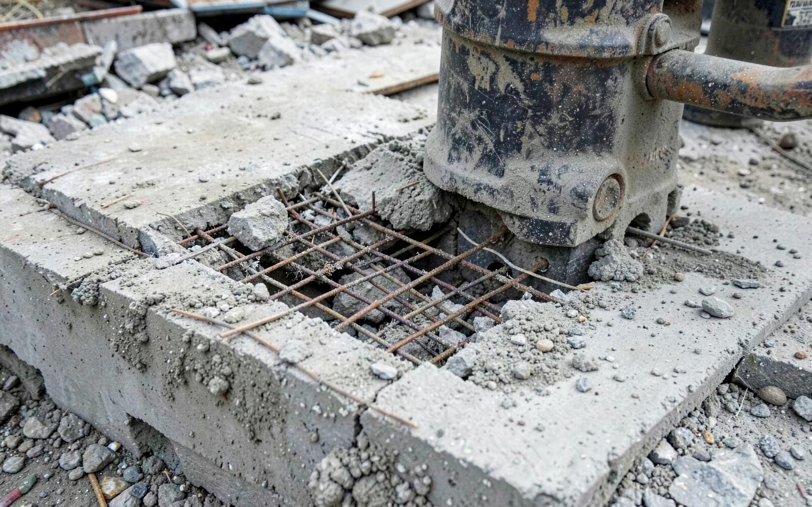 RCC Building Demolition in Bangalore — Hydraulic breaker cutting through a reinforced concrete slab with exposed rebar mesh